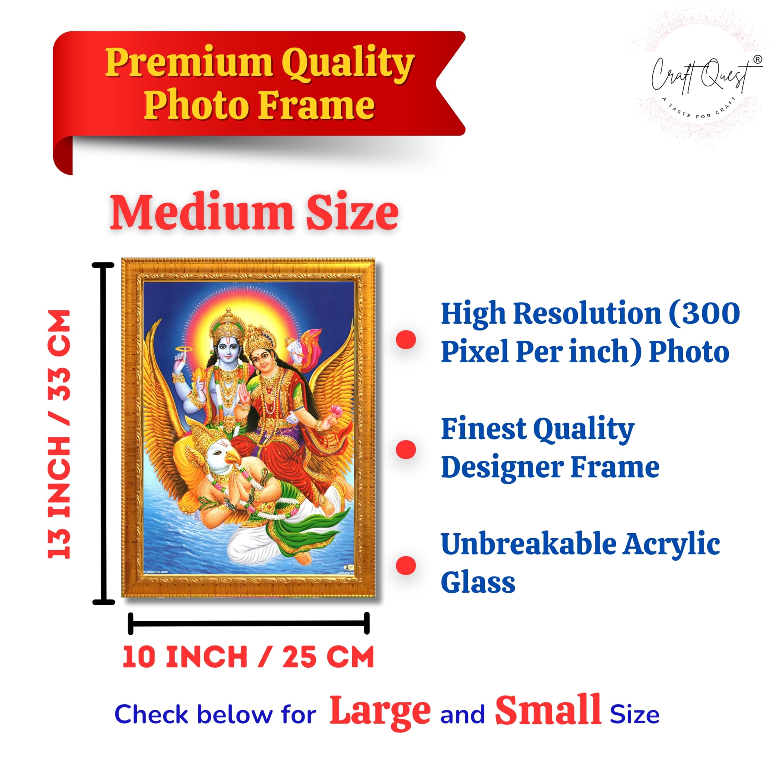 CRAFT QUEST Lord Vishnu and Goddess Lakshmi Giving Blessing on Garud Jii, Glitter Work Painting wooden framed