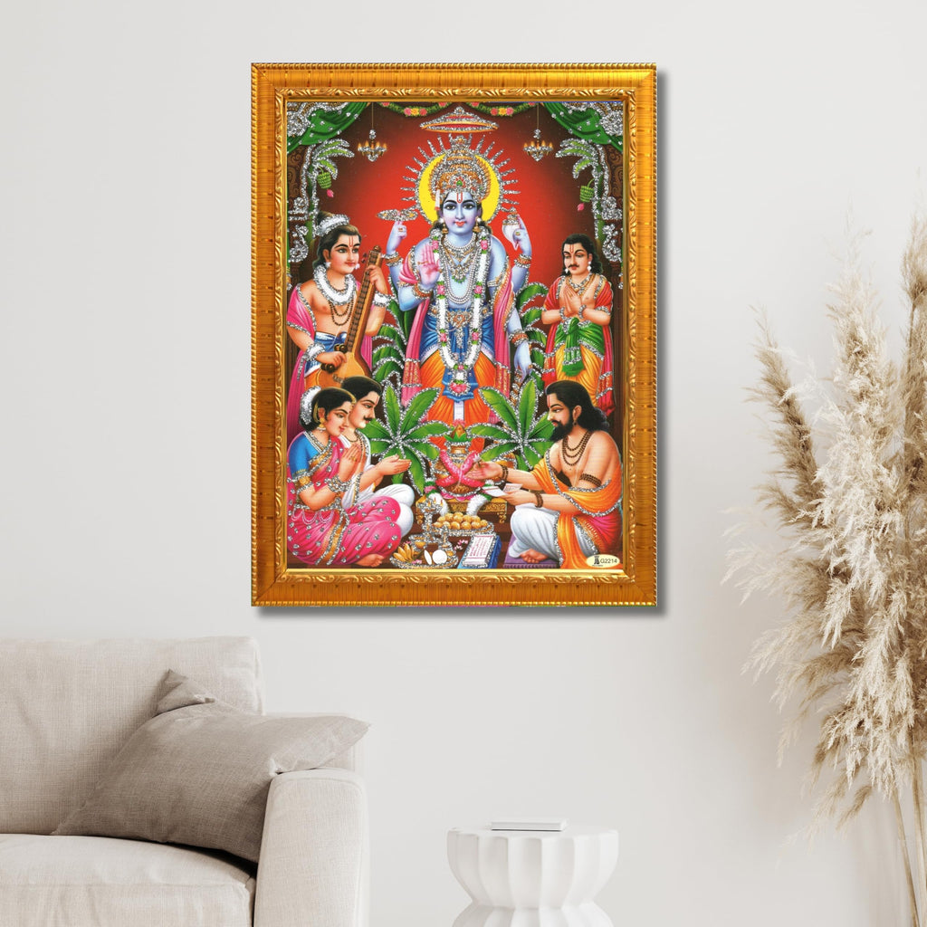 CRAFT QUEST Lord Satyanarayana Swamy | Bhagwan Satyanarayan Wall Painting Religious Wood Photo Frame with Acrylic glass