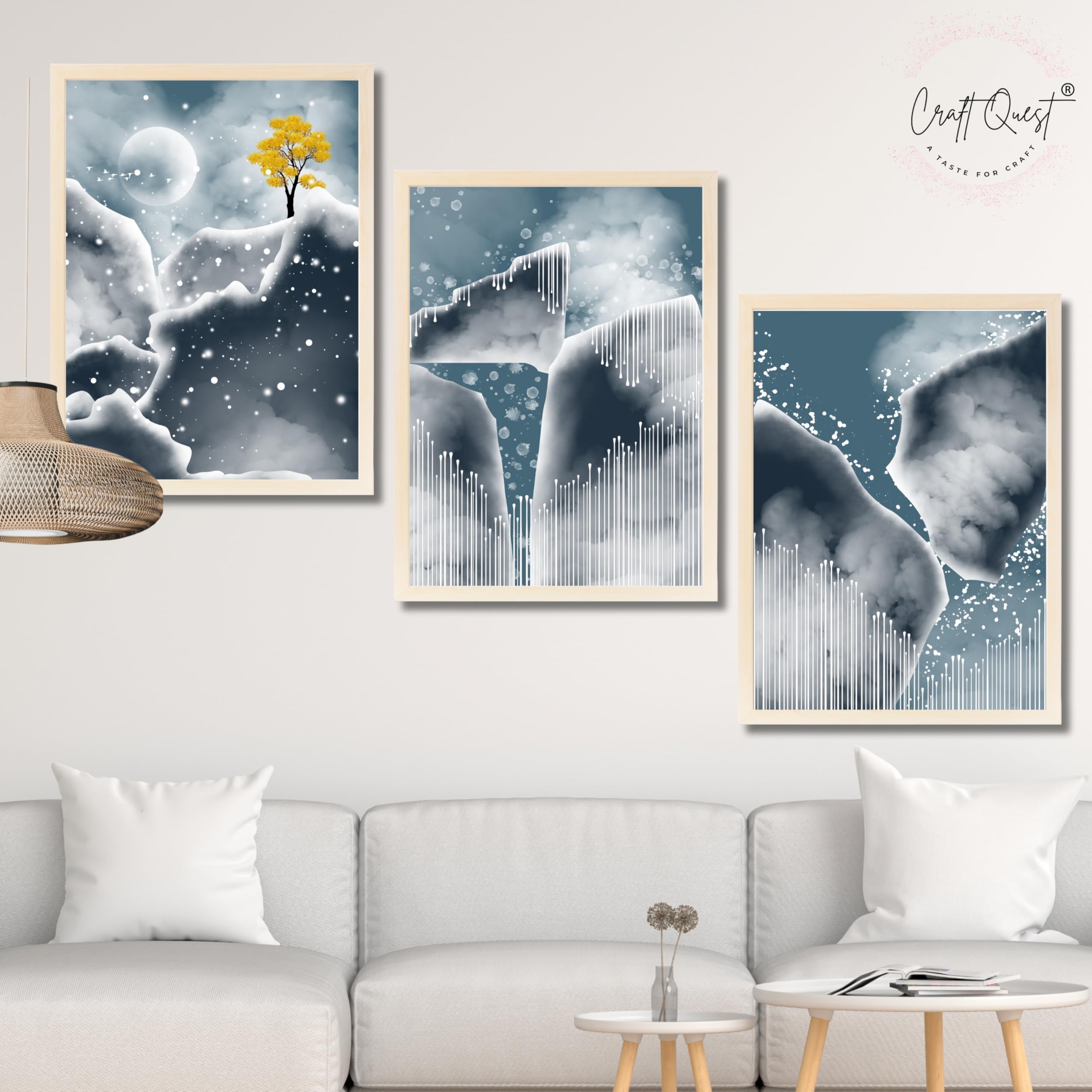 CRAFT QUEST Modern Art Abstract Blue Landscape Wall Art | Set of 3 Frames for Home Decoration | Ideal for Living Room, Bedroom & Offices