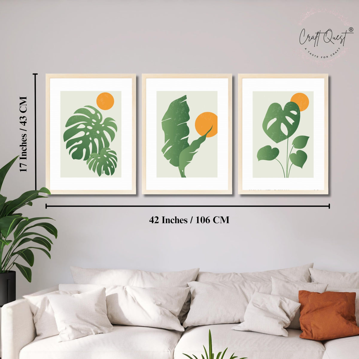 CRAFT QUEST Nature Inspired Abstract Gradient Tropical Leaf Wall Art | Set of 3 Frames for Home Decoration | Ideal for Living Room, Bedroom & Offices