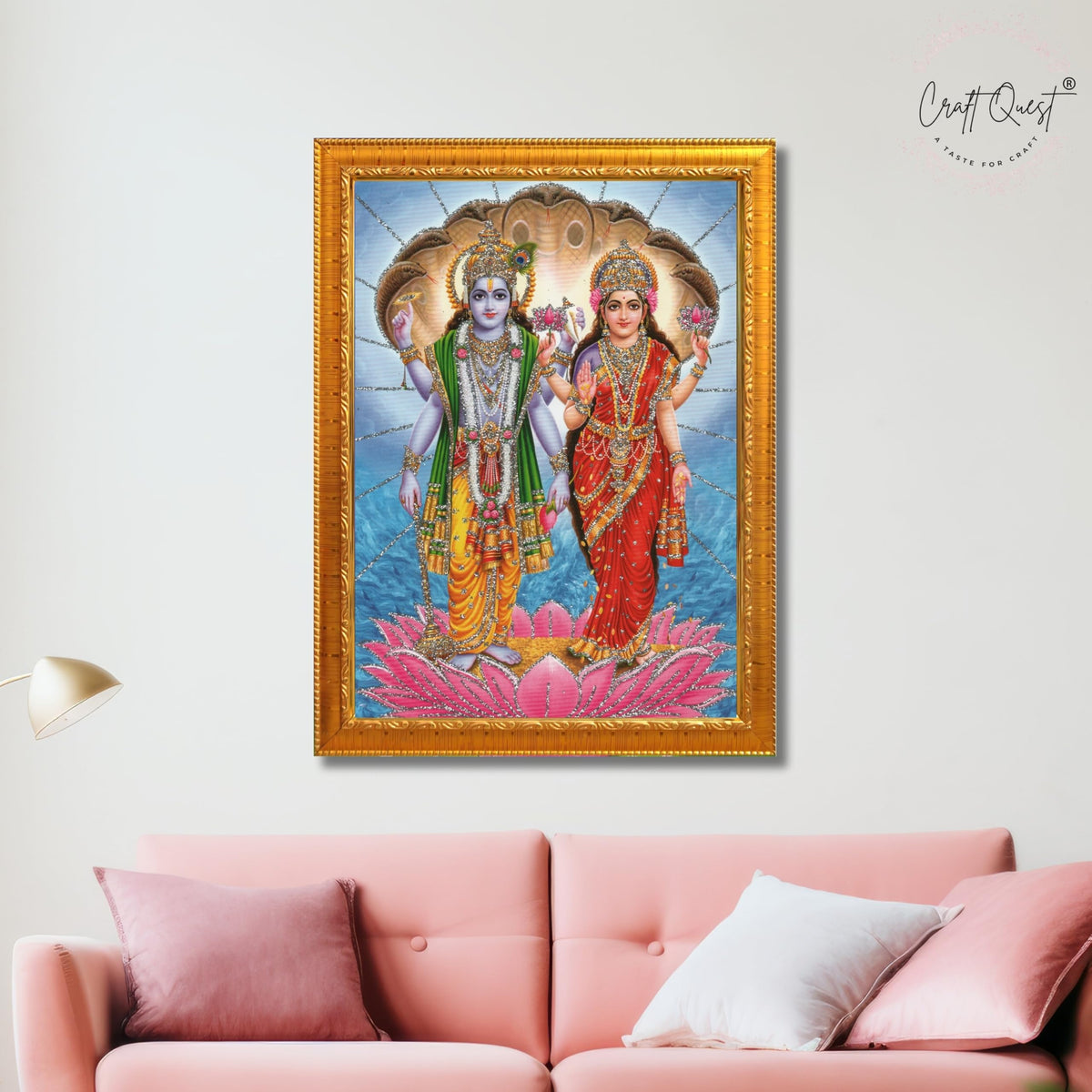 CRAFT QUEST Lord Vishnu Dev Lakshmi Devi Laxmi Narayan Ji Wall Painting Framed Home Decor, Religious Photo Frame