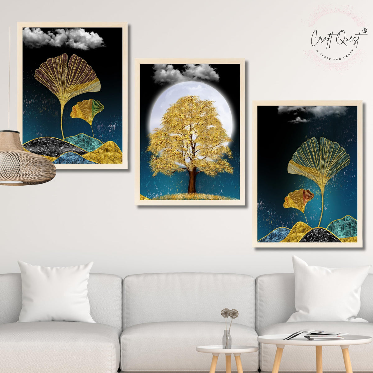 CRAFT QUEST Modern Art Mural With Golden Christmas Trees Wall Art | Set of 3 Frames for Home Decoration | Ideal for Living Room, Bedroom & Offices