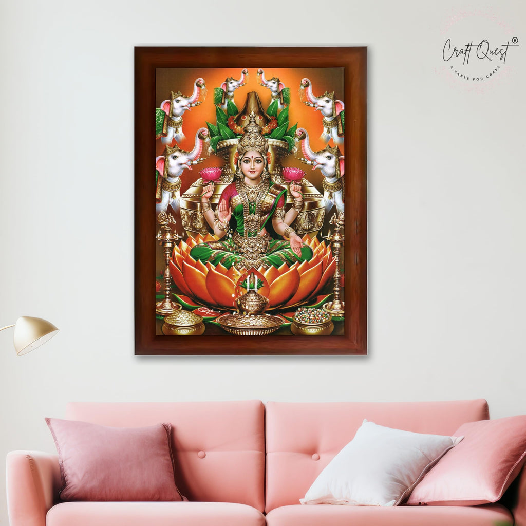CRAFT QUEST Goddess Lakshmi Devi Dhana Vaibhav Laxmi Maa Wall Painting Photo Framed | Ideal for Home, Office, Temple & Puja Room, Wall Decor