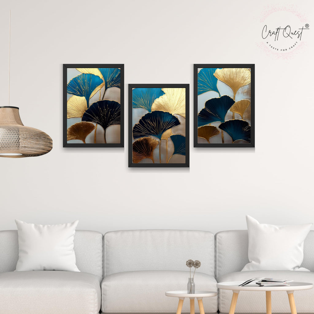 CRAFT QUEST Modern Art Abstract Aureate Geometry Wall Art | Set of 3 Frames for Home Decoration | Ideal for Living Room, Bedroom & Offices