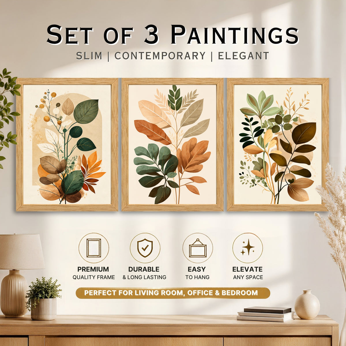 Botanical Wall Art Set of 3 with Wooden Frames | CRAFT QUEST
