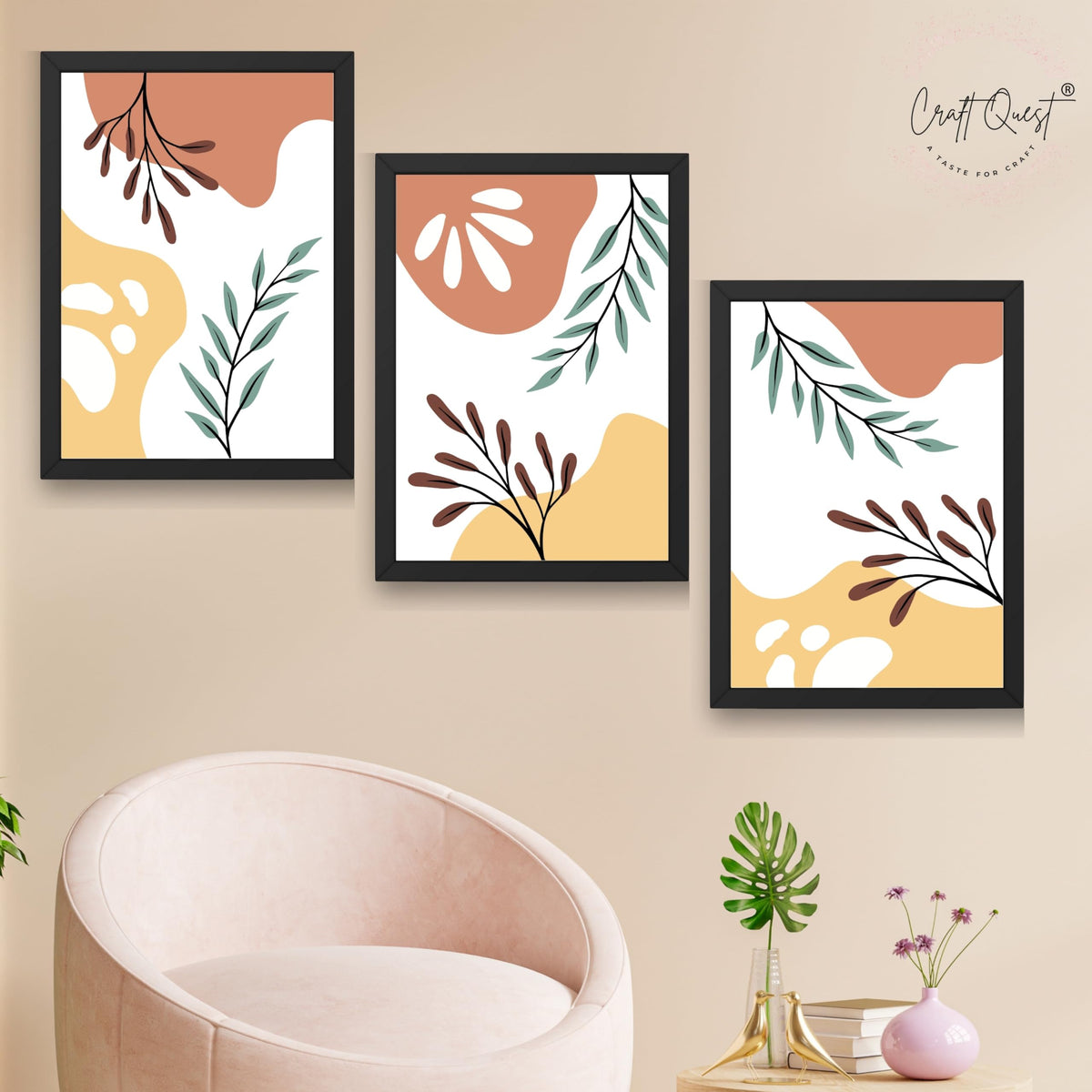 CRAFT QUEST Wall Art Decor Paintings | Set of 3 BOHO Wall Art Frames for Home Decoratio | Ideal for Living Room, Bedrooms & Offices
