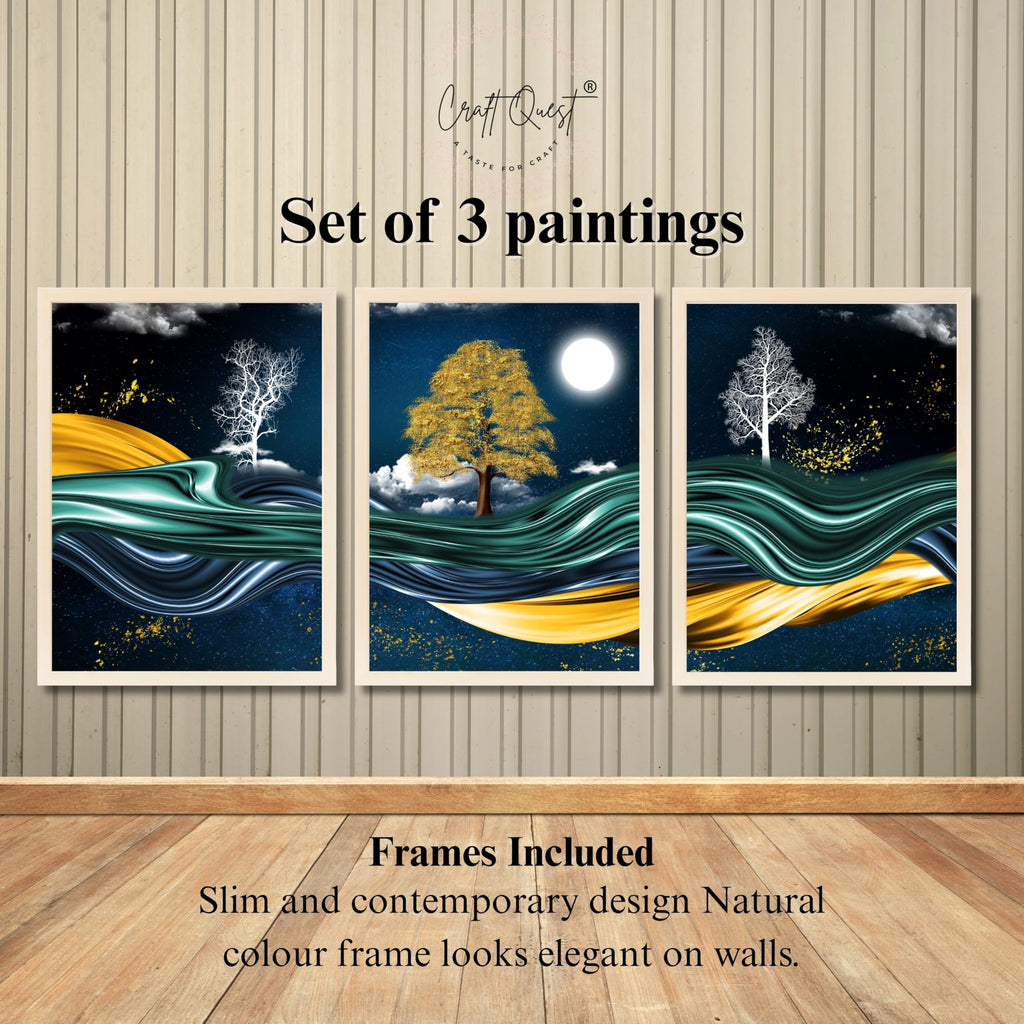 CRAFT QUEST Modern Art With Dark Blue Background & Golden Tree Wall Art | Set of 3 Frames for Home Decoration | Ideal for Living Room, Bedroom & Offices