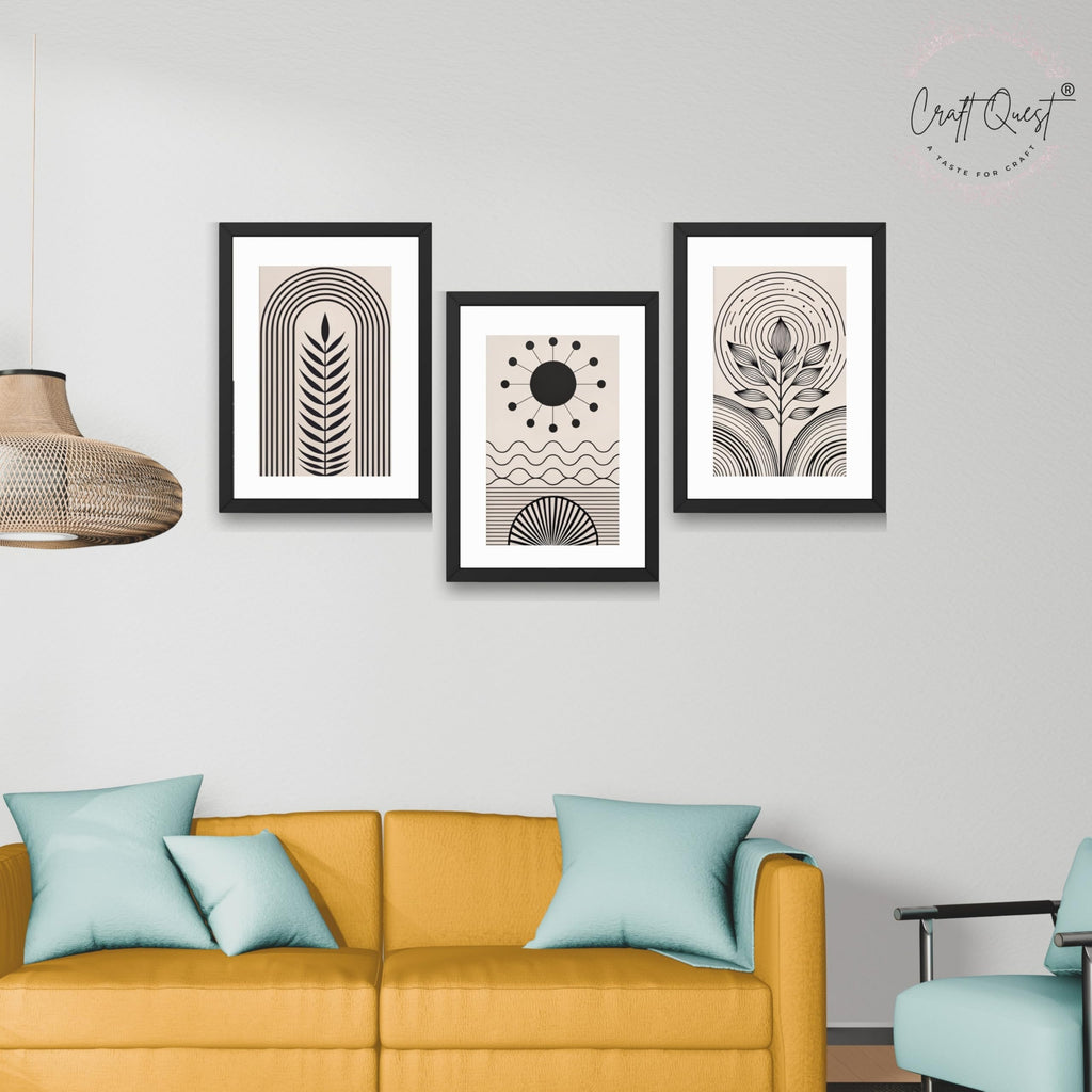 CRAFT QUEST Abstract Series Framed Paintings With Sun | Set of 3 Frames for Home Decoration | Ideal for Living Room, Bedroom & Offices
