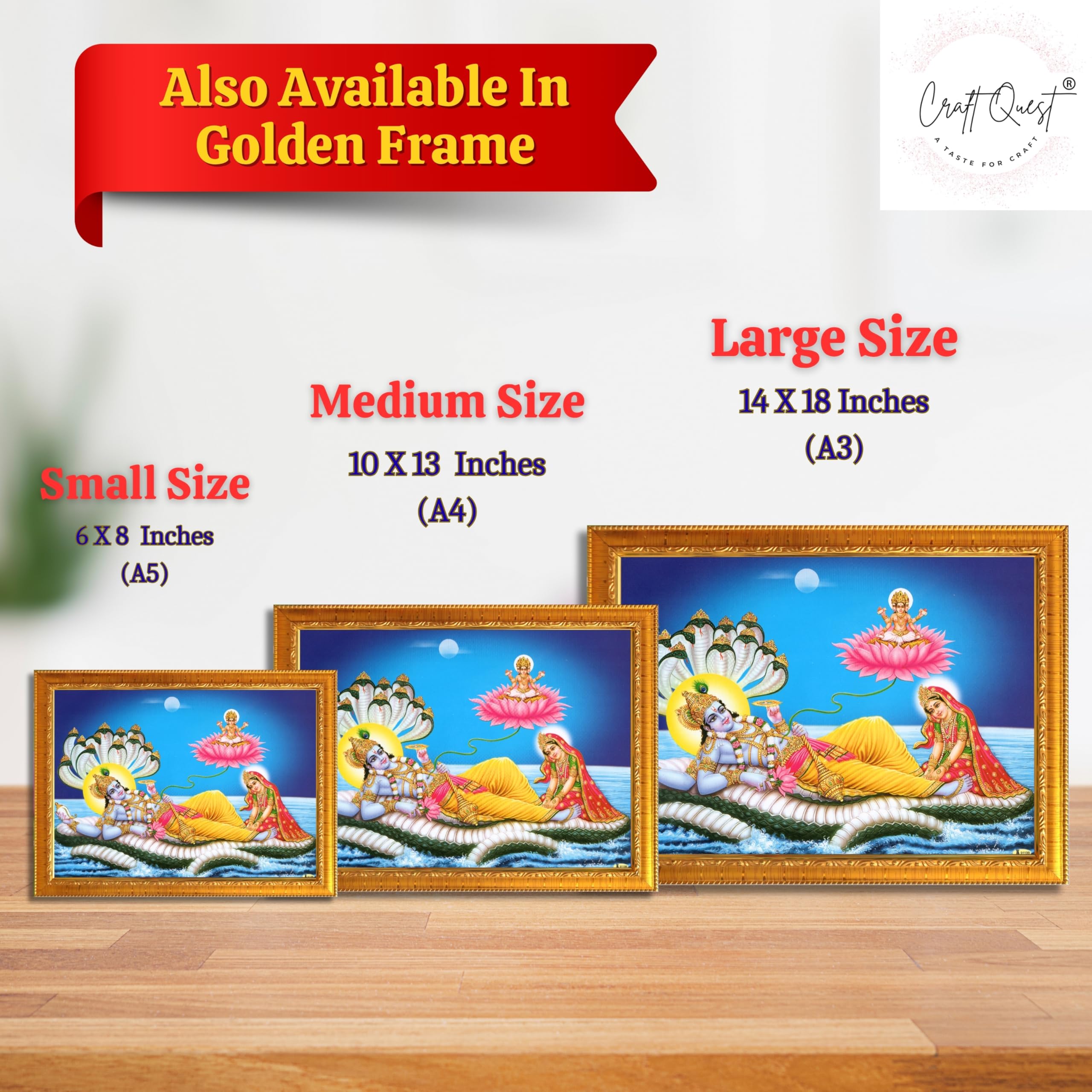 CRAFT QUEST Lord Vishnu and Goddess Lakshmi Giving Blessing on Shesh naag, landscape Glitter Painting with Golden Synthetic Frame