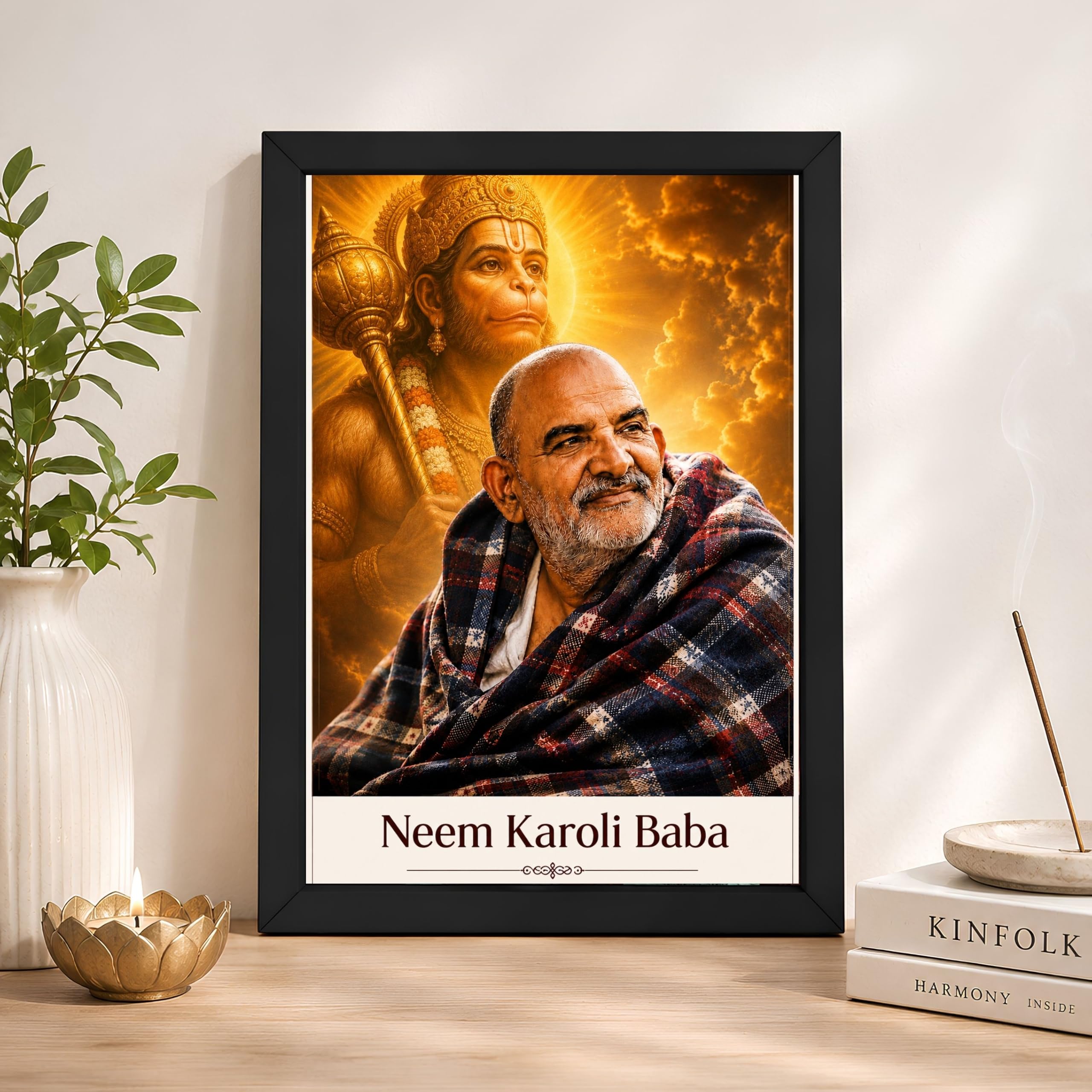 CRAFT QUEST Neem Karoli Baba Maharaj Ji Smiling Portrait Photo Frame for Wall | Spiritual Guru Religious Wall Art | Devotional Photo for Home, Mandir, Puja Room & Gifting
