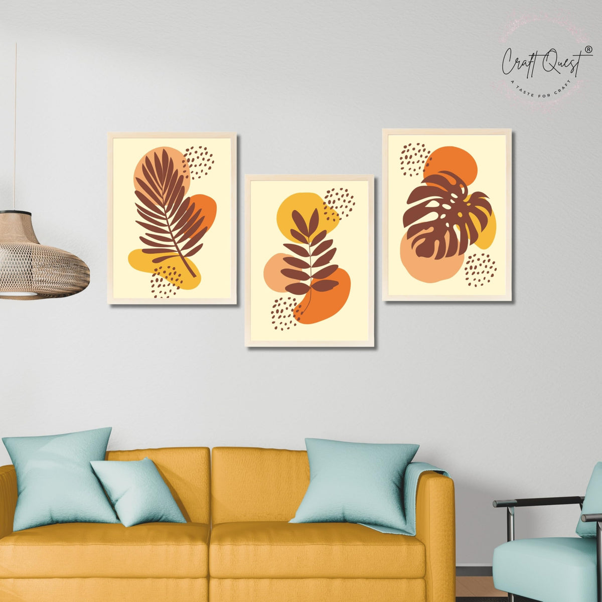 CRAFT QUEST Wall Art Decor Paintings | Set of 3 BOHO Wall Art Frames for Home Decoration | Ideal for Living Room, Offices & Bedrooms