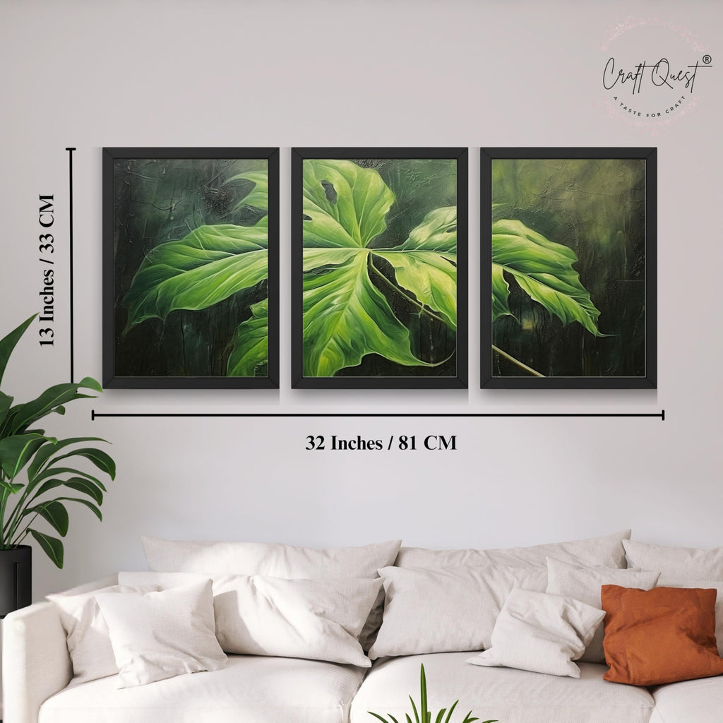 CRAFT QUEST Nature Inspired Painting Of Plant With Green Leaves Wall Art | Set of 3 Frames for Home Decoration | Ideal for Living Room, Bedroom & Offices