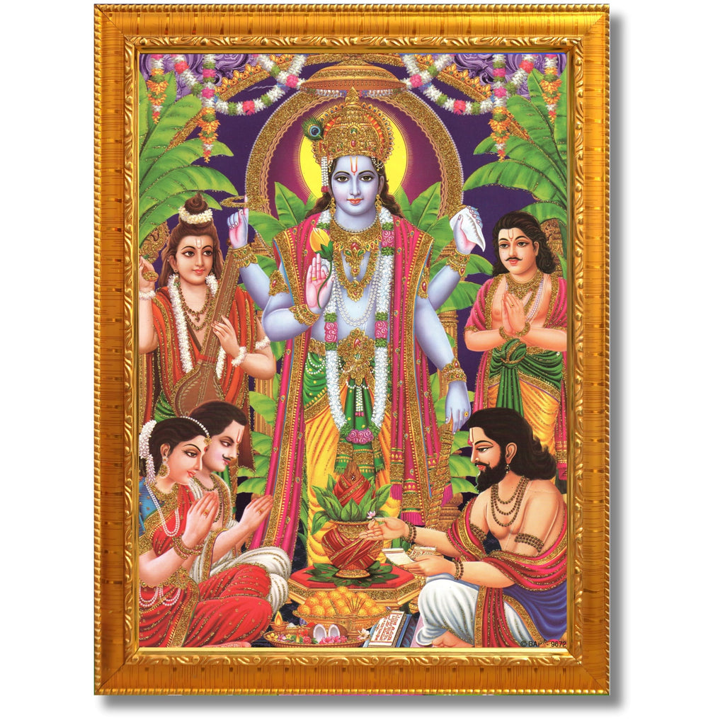 CRAFT QUEST Lord Satyanarayana Swamy | Bhagwan Satyanarayan Wall Painting Religious Wood Photo Frame with Acrylic glass