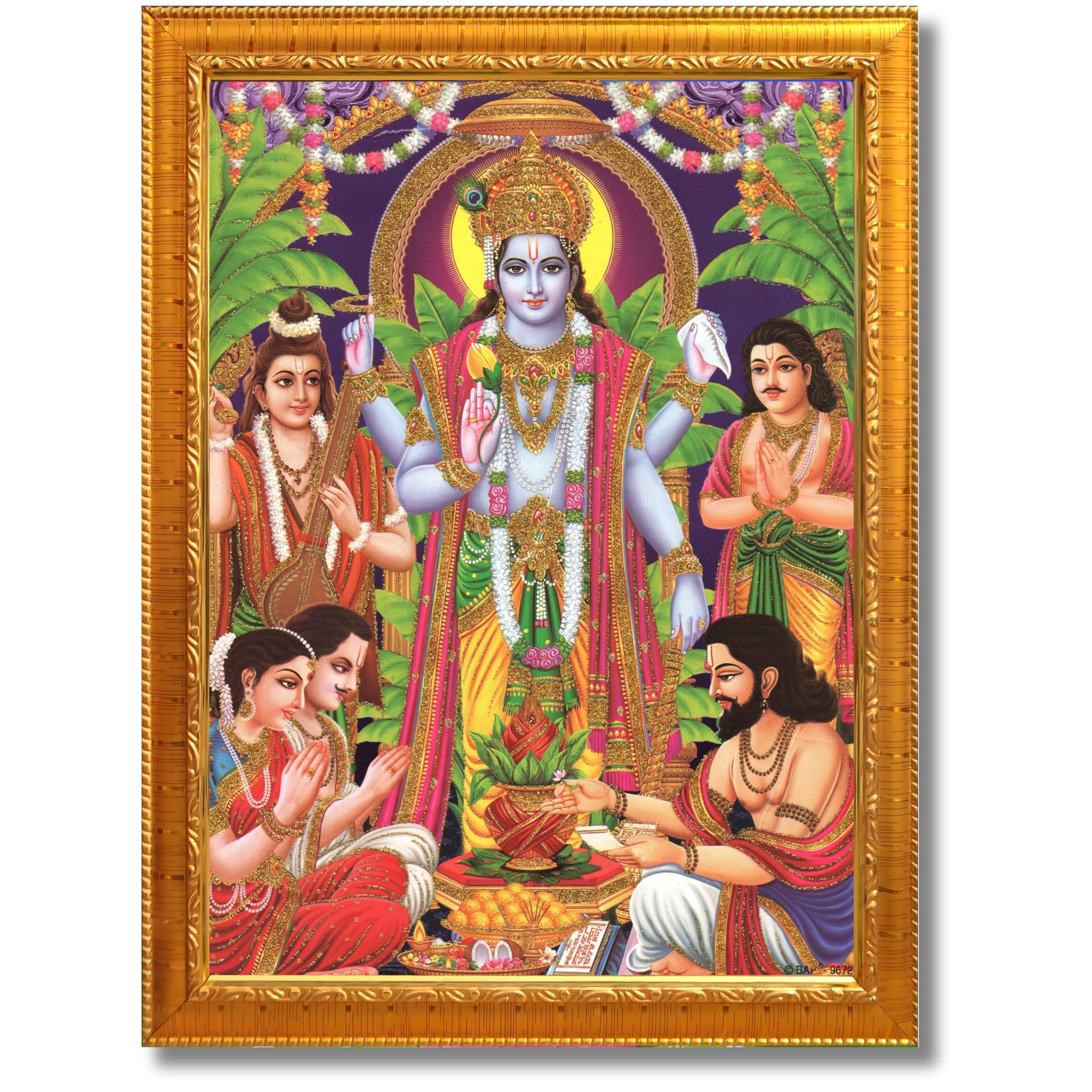 CRAFT QUEST Lord Satyanarayana Swamy | Bhagwan Satyanarayan Wall Painting Religious Wood Photo Frame with Acrylic glass