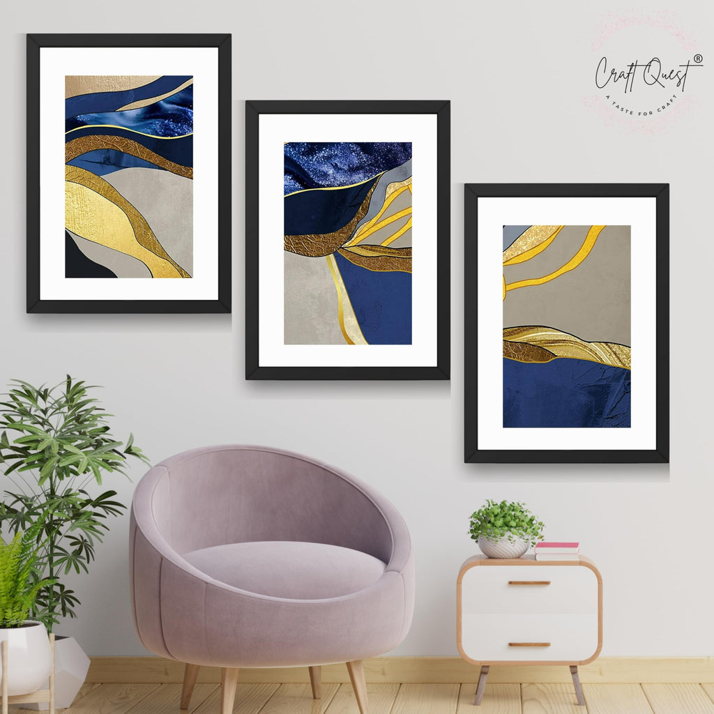 CRAFT QUEST Abstract Blue & Gold Artwork | Set of 3 Frames for Home Decoration | Ideal for Living Room, Bedroom & Offices