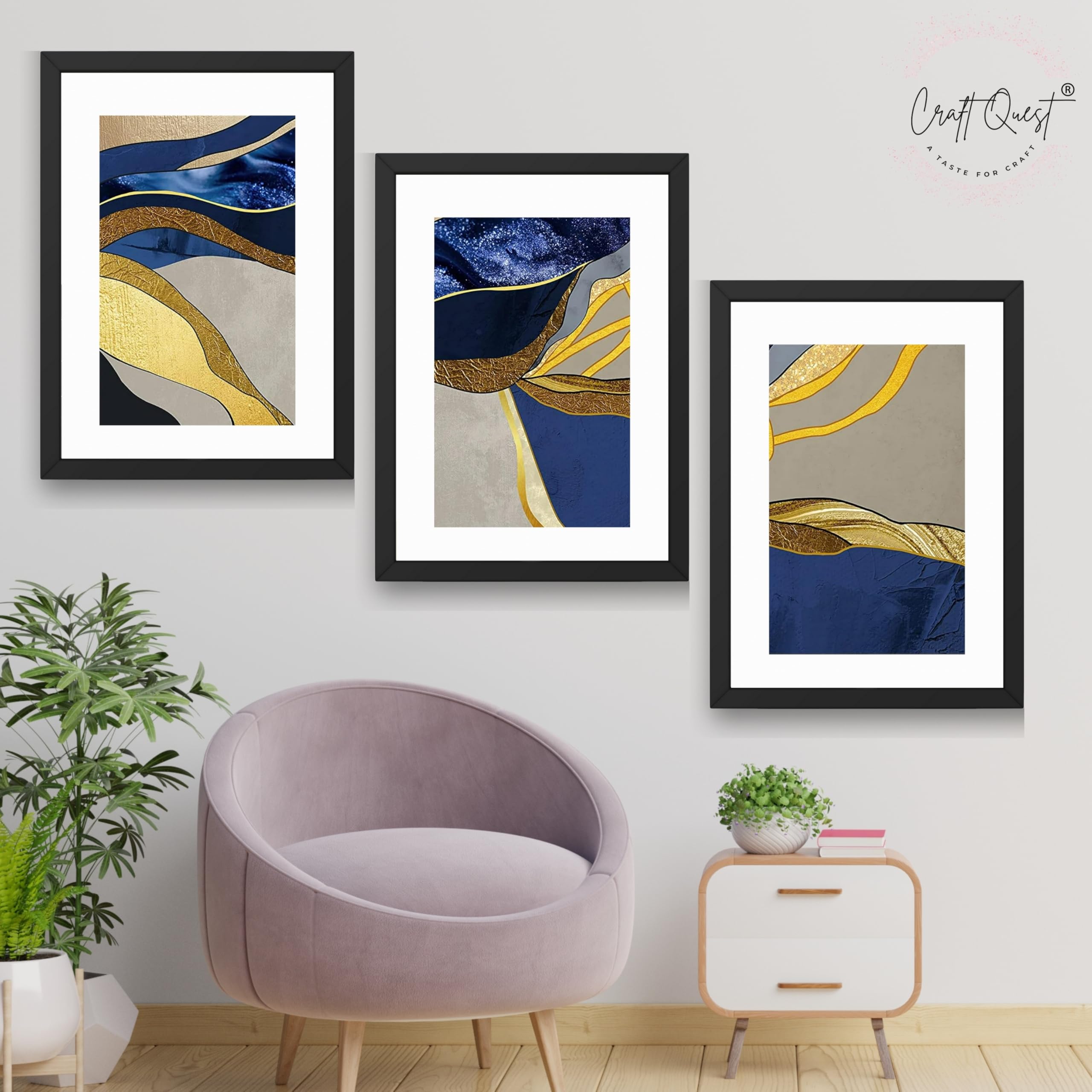 CRAFT QUEST Abstract Blue & Gold Artwork | Set of 3 Frames for Home Decoration | Ideal for Living Room, Bedroom & Offices