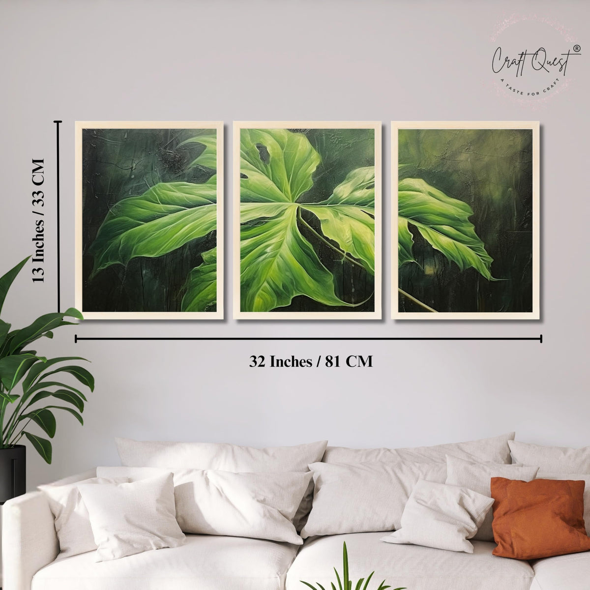 CRAFT QUEST Nature Inspired Painting Of Plant With Green Leaves Wall Art | Set of 3 Frames for Home Decoration | Ideal for Living Room, Bedroom & Offices
