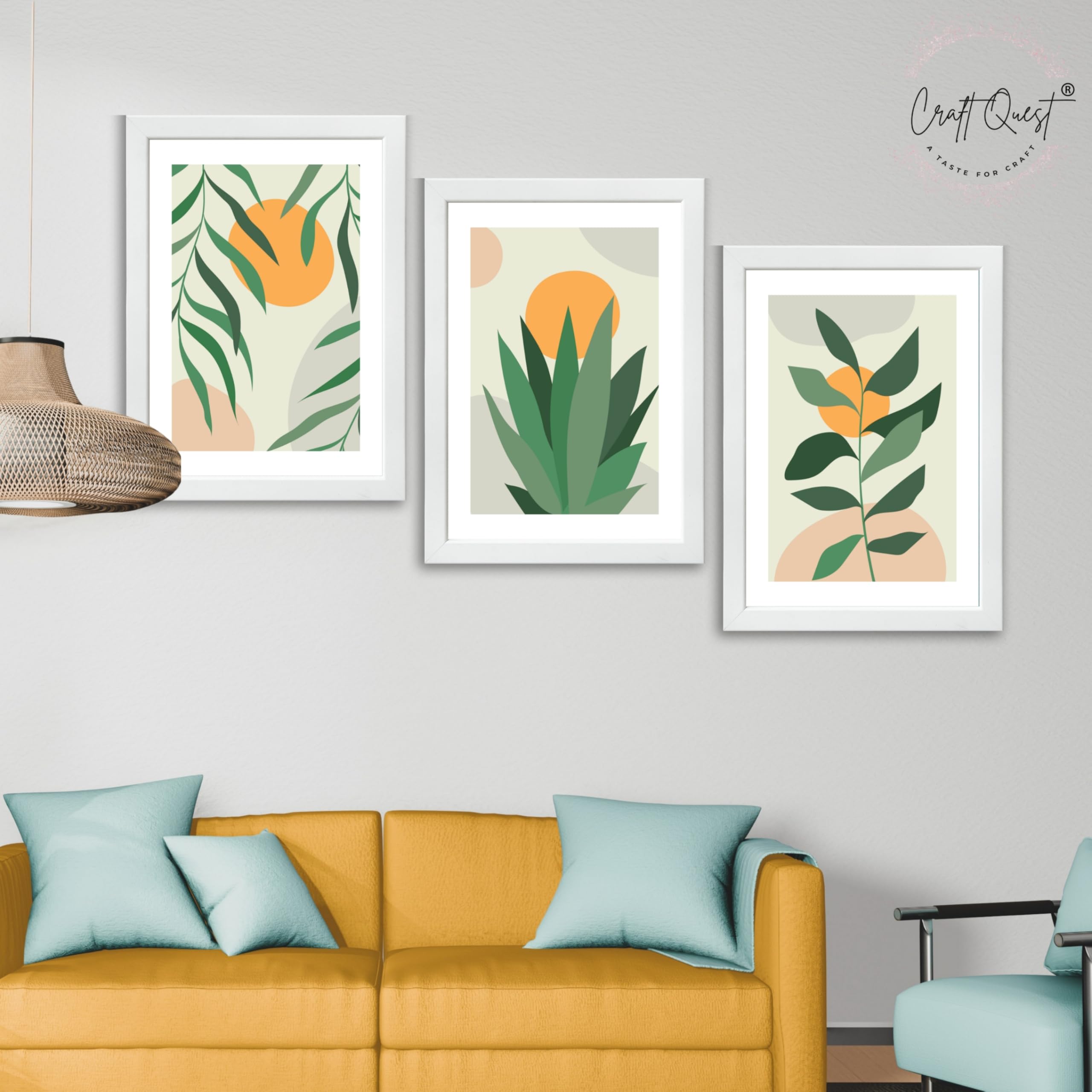 CRAFT QUEST Nature Inspired Botanical Abstract Wall Art | Set of 3 Frames for Home Decoration | Ideal for Living Room, Bedroom & Office
