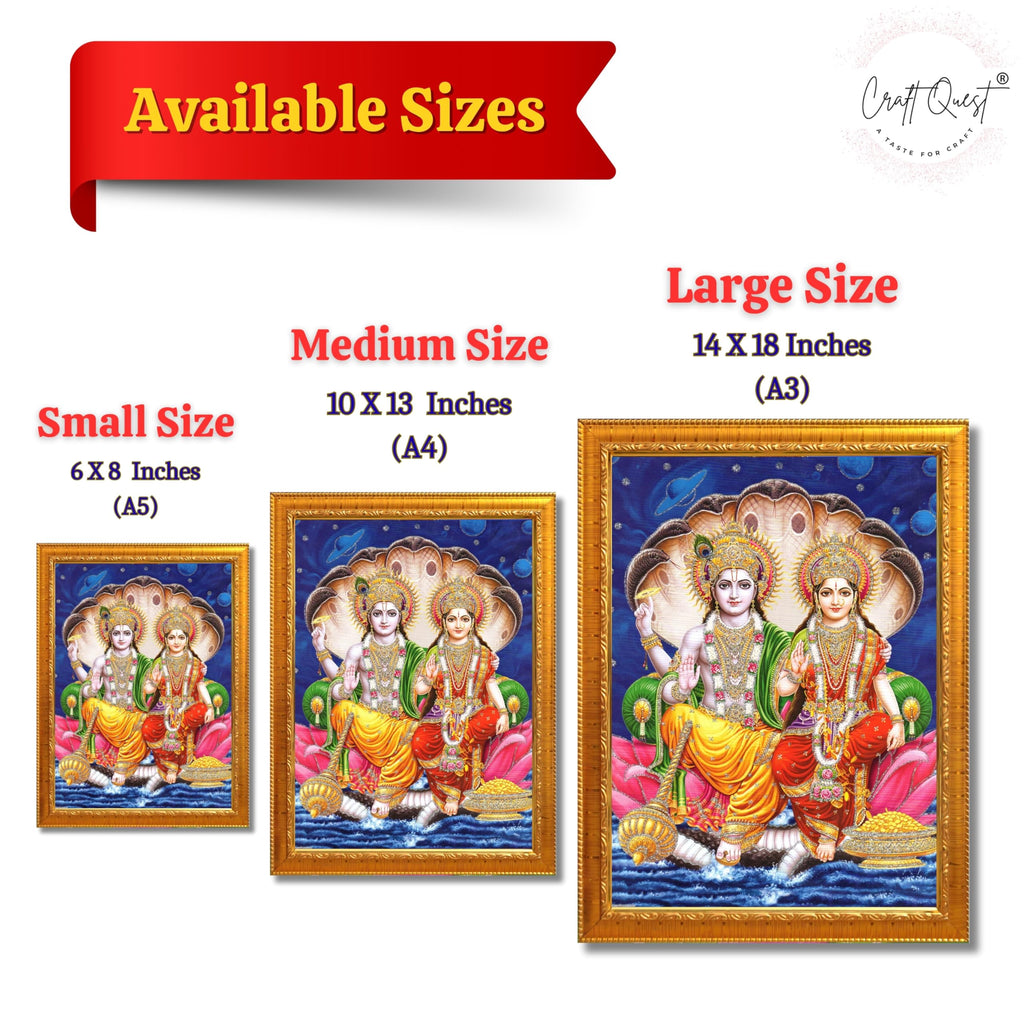 CRAFT QUEST Lord Vishnu and Goddess Lakshmi Giving Blessing on Shesh naag, Glitter Work Painting Synthetic Wood Frame