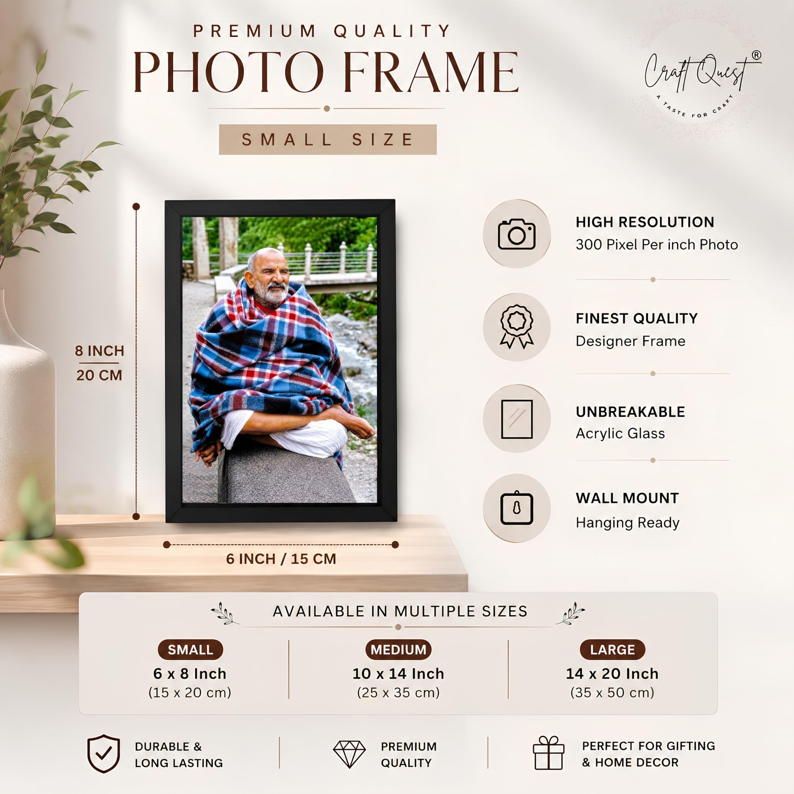 CRAFT QUEST Neem Karoli Baba Maharaj Ji Smiling Portrait Photo Frame for Wall | Spiritual Guru Religious Wall Art | Devotional Photo for Home, Mandir, Puja Room & Gifting