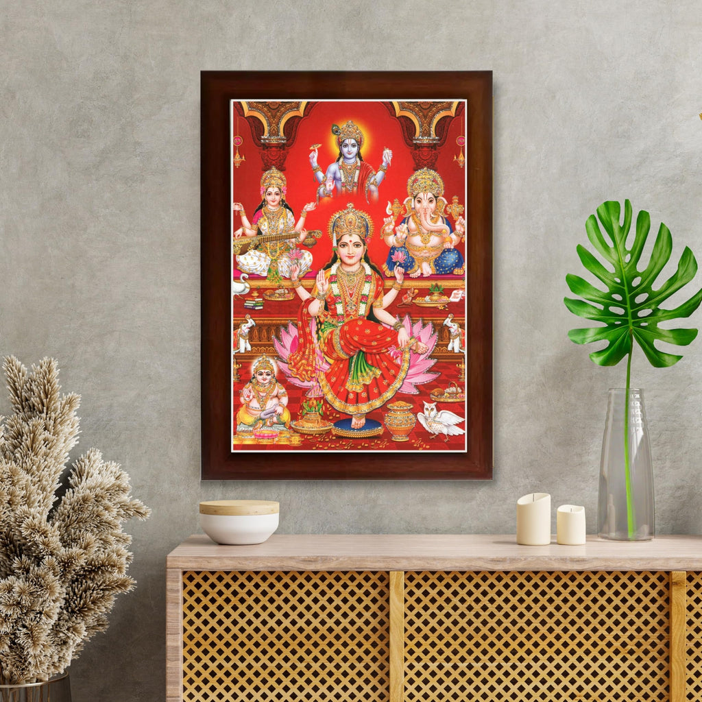 CRAFT QUEST Lakshmi Devi Ganesha Saraswati Ganesh ji Hanging Wall Painting Framed Home and Pooja Decor Hindu Bhagwan Devi Devta Photo Frame