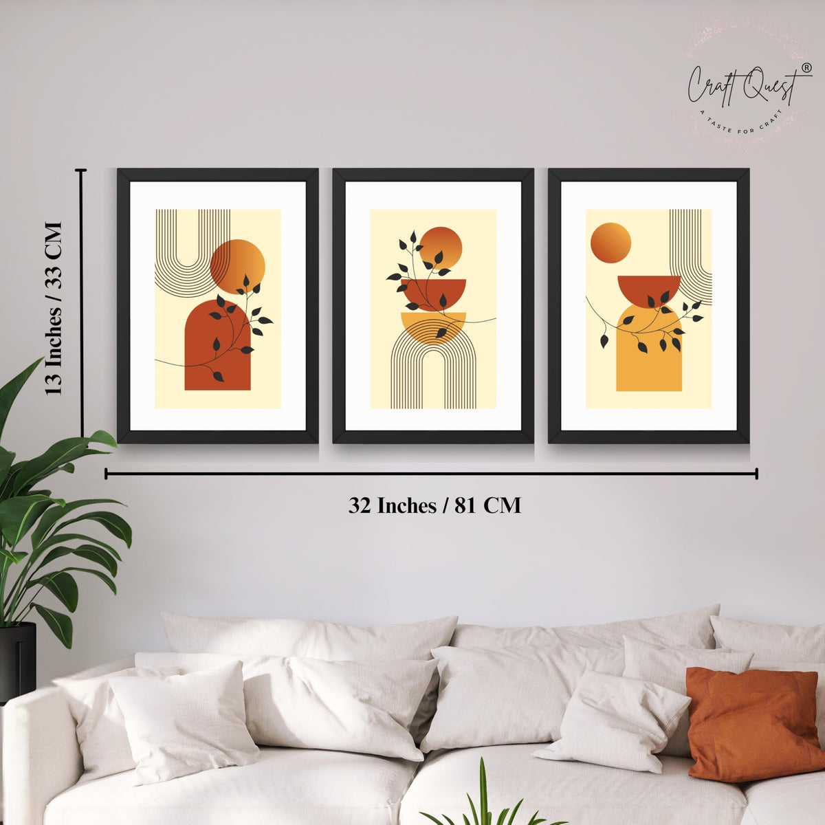 CRAFT QUEST Boho Contemporary Botanical Modern Wall Art | Set of 3 Frames for Home Decoration | Ideal for Living Room, Bedroom & Offices