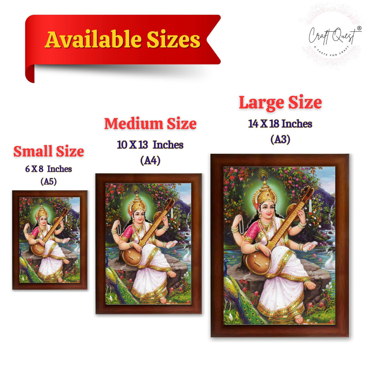 CRAFT QUEST Saraswati Devi Goddess Saraswathi Maa Wall Painting Framed Home Décor Synthetic wooden Framed