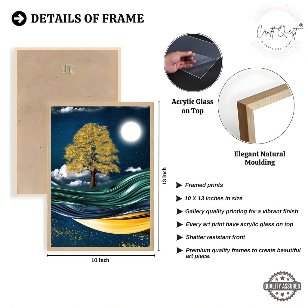 CRAFT QUEST Modern Art With Dark Blue Background & Golden Tree Wall Art | Set of 3 Frames for Home Decoration | Ideal for Living Room, Bedroom & Offices