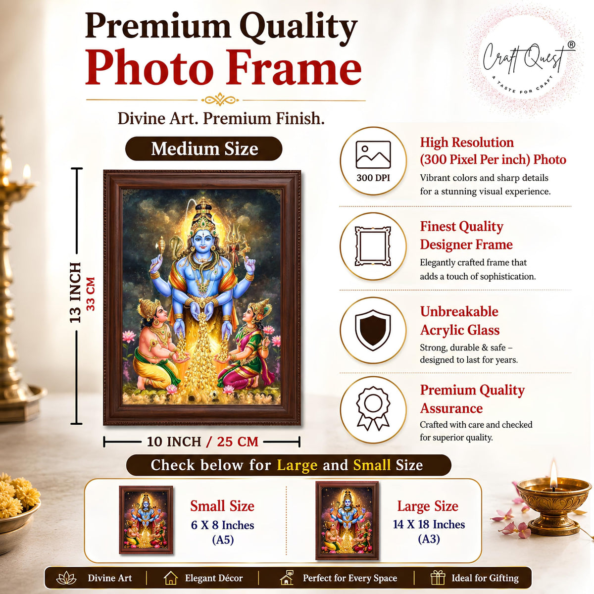 CRAFT QUEST Lord Swarnakarshana Bhairava Swamy With Lakshmi Devi and Kuber Bhagwan Religious Wall Photo Frame |Dhan Bhairav Frame for Home, Office, Temple & Gifting