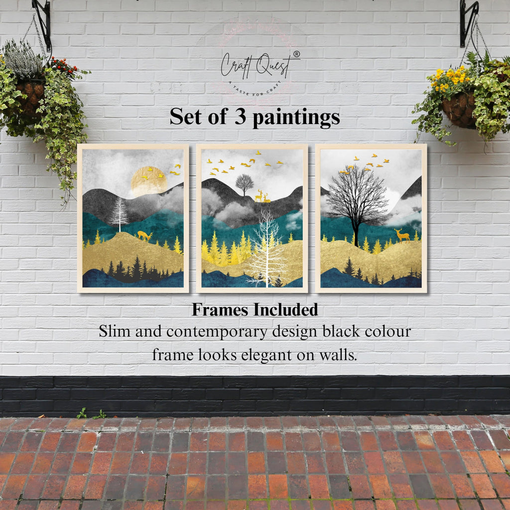 CRAFT QUEST Artistic Composed Abstract Geometric Gold Lines | Set of 3 Frames for Home Decoration | Ideal for Living Room, Bedroom & Offices