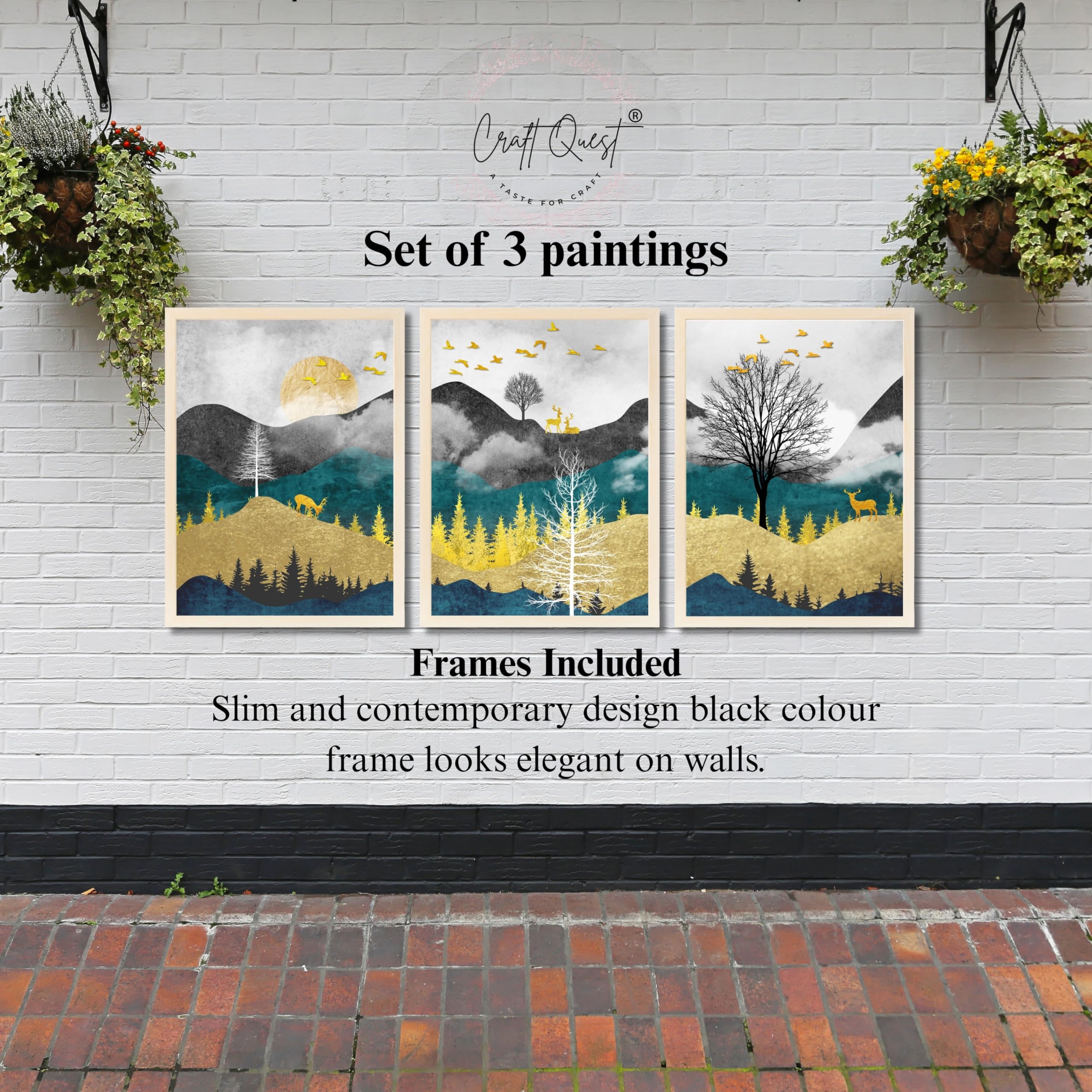 CRAFT QUEST Artistic Composed Abstract Geometric Gold Lines | Set of 3 Frames for Home Decoration | Ideal for Living Room, Bedroom & Offices