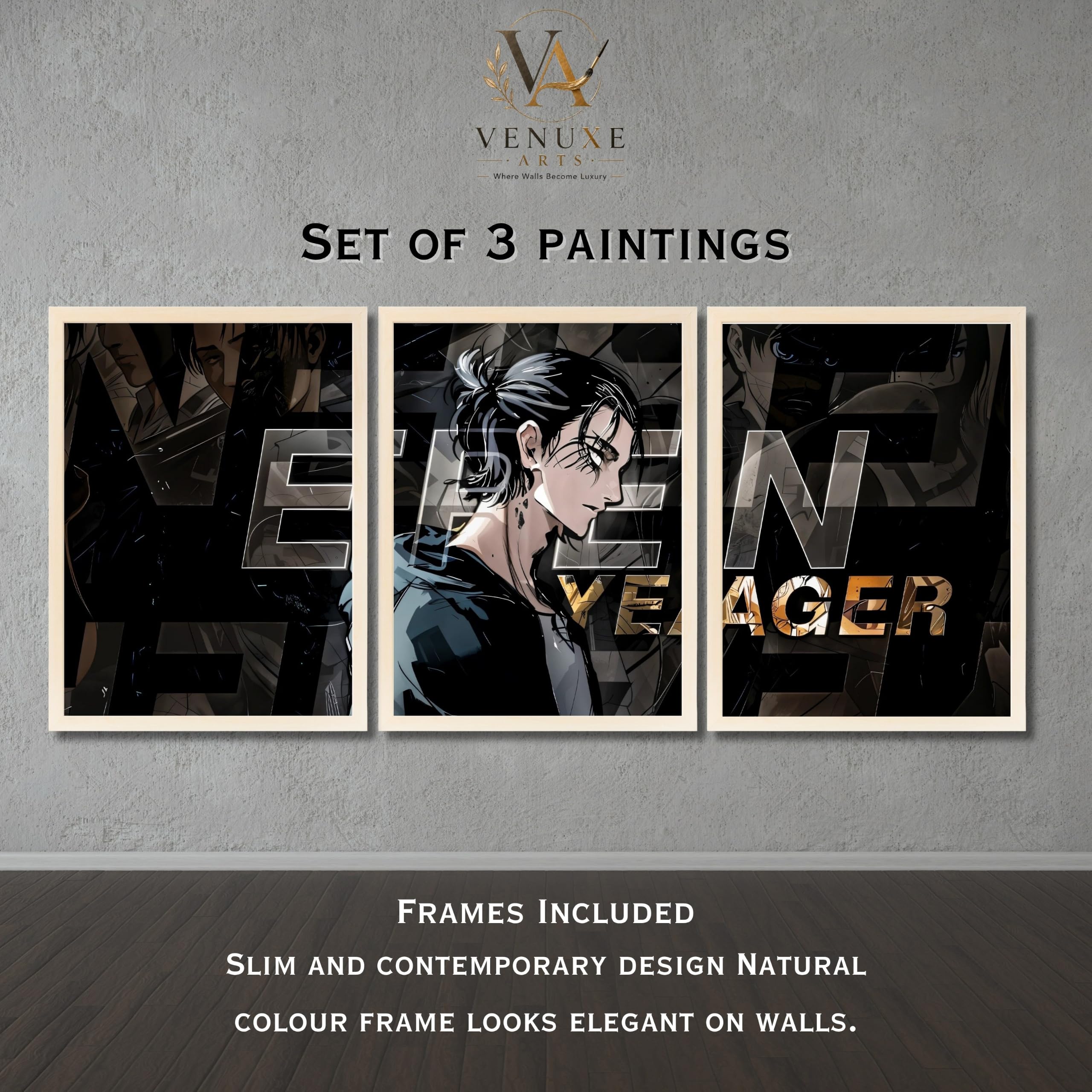 VENUXE ARTS Set Of 3 Anime Characters Wall Framed |Anime Characters Framed Poster for Living Room Bedroom Gaming Room Studio Wall Decor