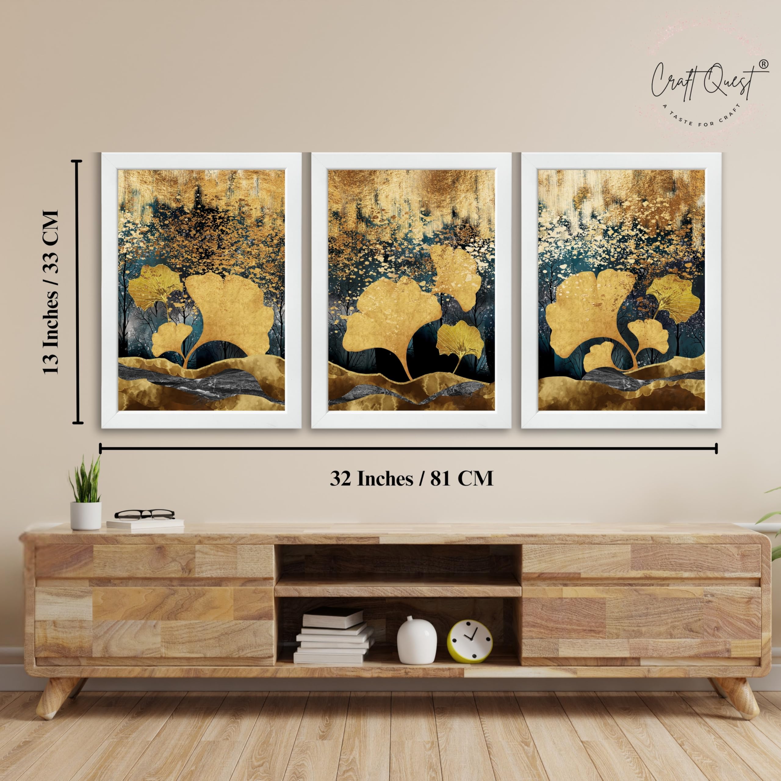 CRAFT QUEST Modern Art Of Ginko Leaves With Golden Mountains Wall Art | Set of 3 Frames for Home Decoration | Ideal for Living Room, Bedroom & Offices