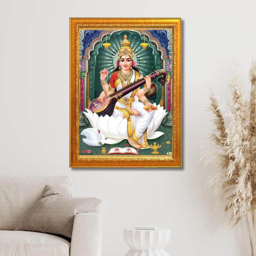 CRAFT QUEST Saraswati Devi Goddess Saraswathi Maa Wall Painting Sparkle Coated Framed Home Décor Synthetic wood