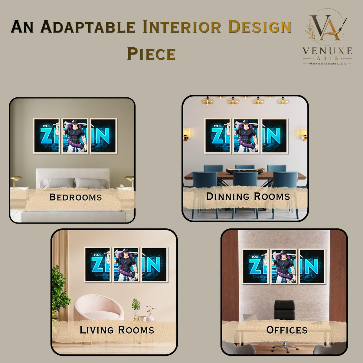 VENUXE ARTS Set Of 3 Anime Characters Wall Framed |Anime Characters Framed Poster for Living Room Bedroom Gaming Room Studio Wall Decor