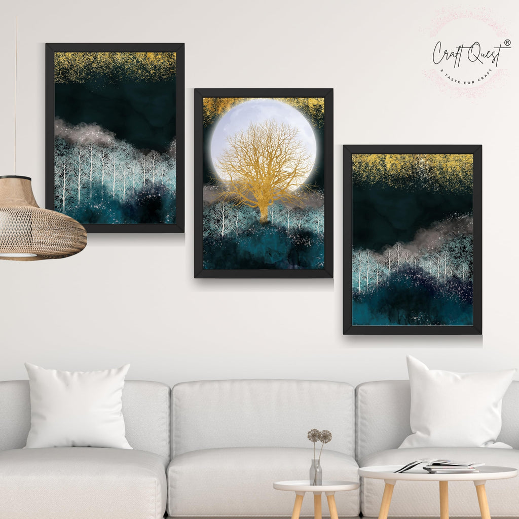 CRAFT QUEST Modern Art Christmas Trees & Mountains Landscape Wall Art | Set of 3 Frames for Home Decoration | Ideal for Living Room, Bedroom & Offices