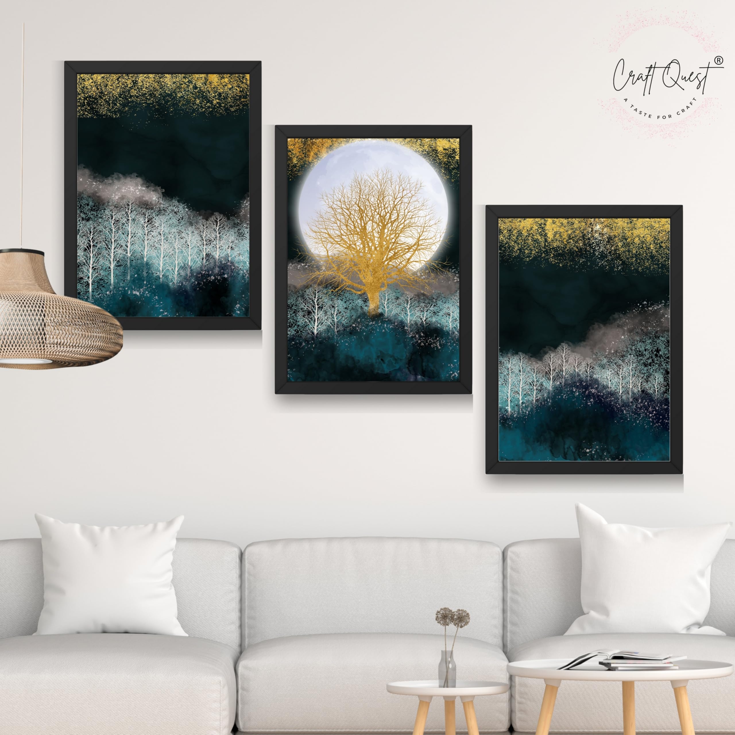 CRAFT QUEST Modern Art Christmas Trees & Mountains Landscape Wall Art | Set of 3 Frames for Home Decoration | Ideal for Living Room, Bedroom & Offices