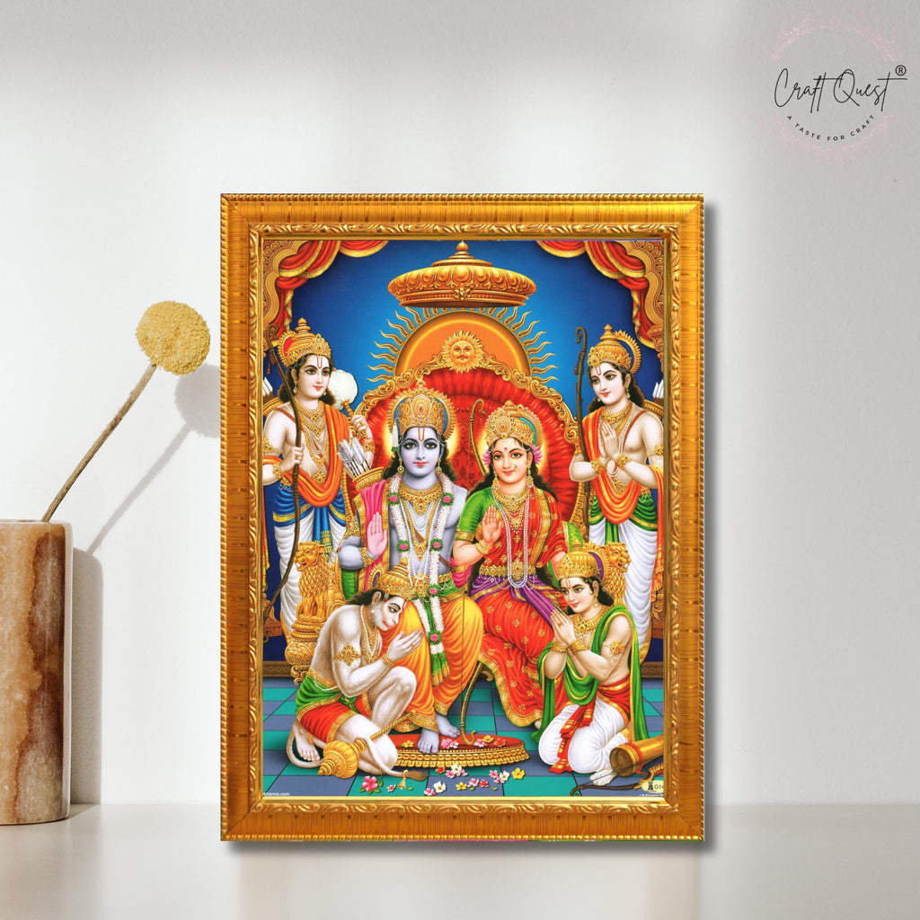 CRAFT QUEST Lord Shri Ram Darbar Sita Mata Parivar Family Wall Painting Framed Home and Pooja Decor