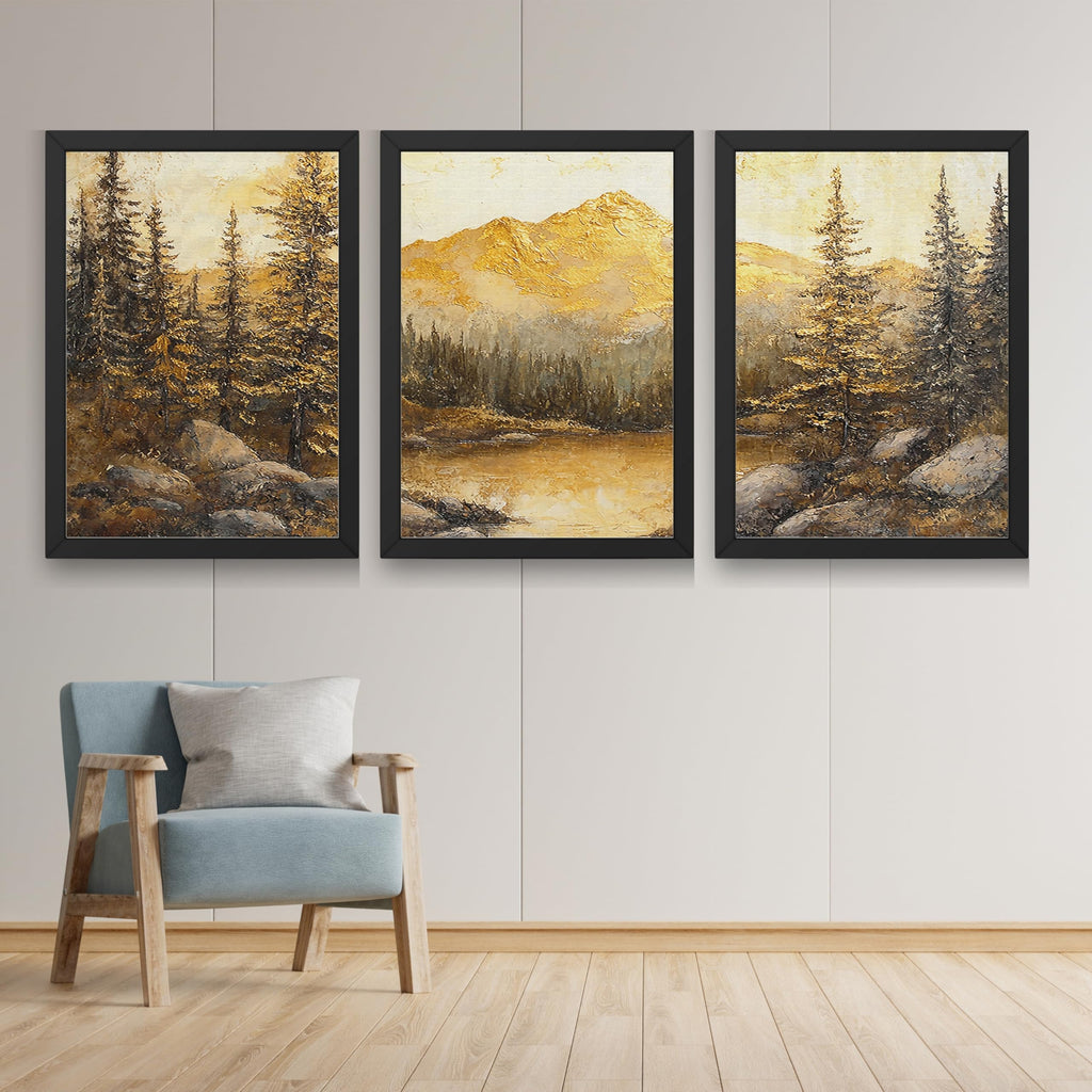 CRAFT QUEST Nature Inspired Painting Of Mountain With Trees Wall Art | Set of 3 Frames for Home Decoration | Ideal for Living Room, Bedroom & Office