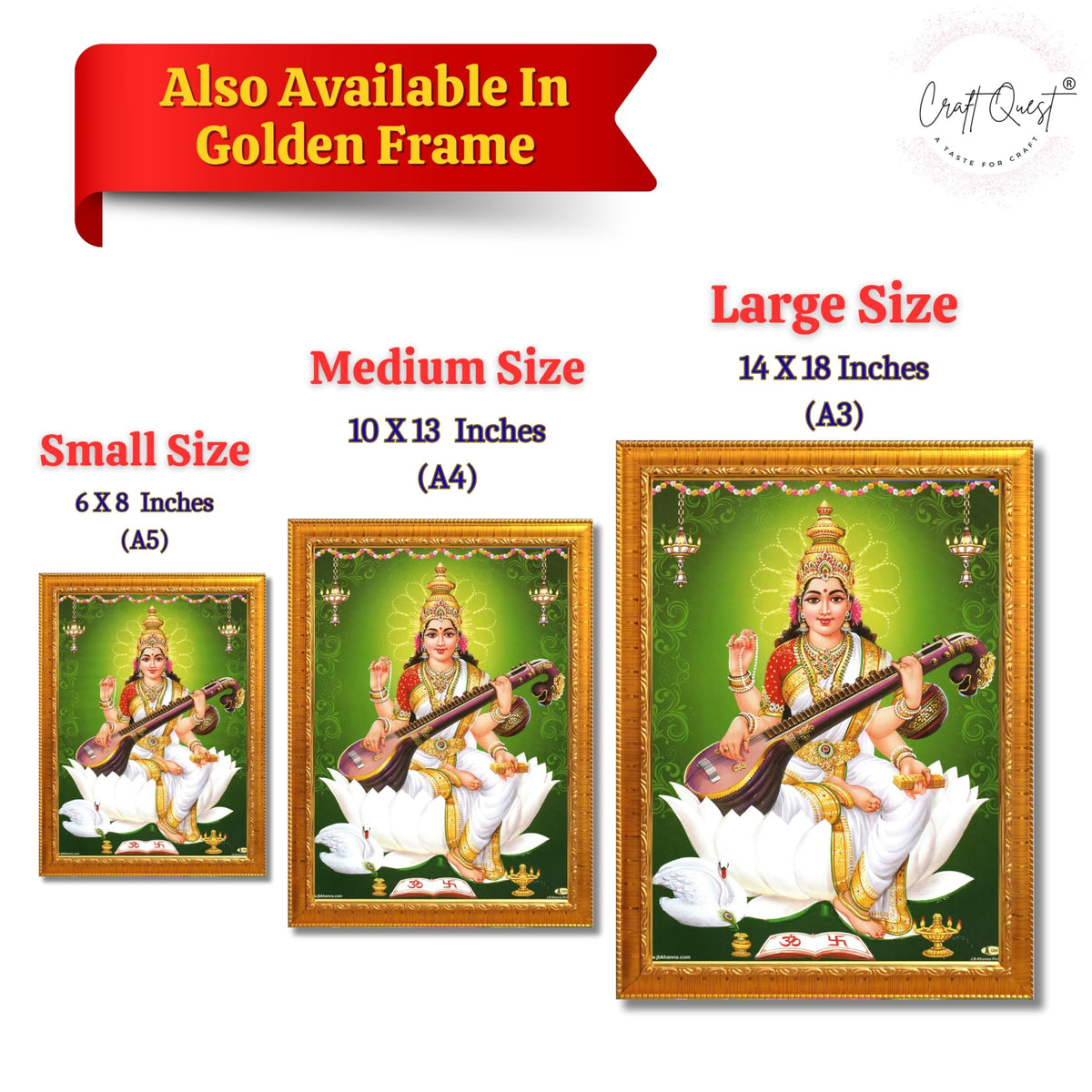 CRAFT QUEST Saraswati Devi Goddess Saraswathi Maa Wall Painting Sparkle Coated Framed Home Décor