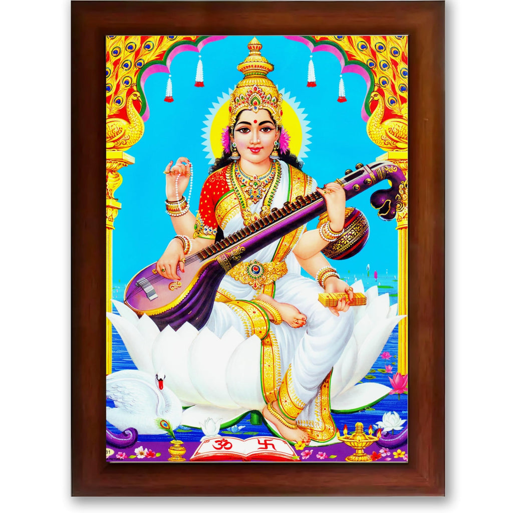 CRAFT QUEST Saraswati Devi Goddess Saraswathi Maa Wall Painting Sparkle Coated Framed Home Décor Synthetic wood Frame