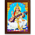 CRAFT QUEST Saraswati Devi Goddess Saraswathi Maa Wall Painting Sparkle Coated Framed Home Décor Synthetic wood Frame