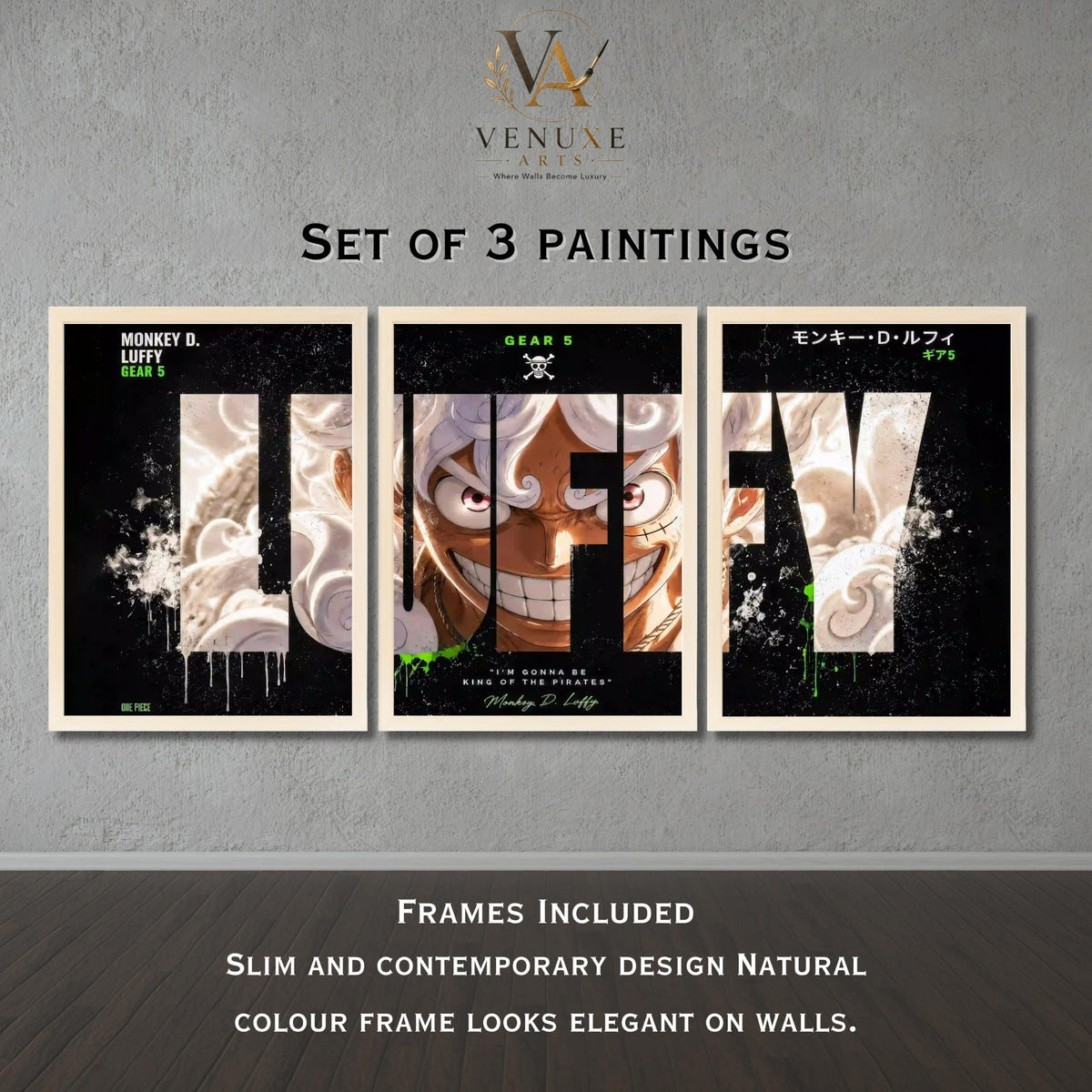 VENUXE ARTS Set Of 3 Anime Characters Wall Framed |Anime Characters Framed Poster for Living Room Bedroom Gaming Room Studio Wall Decor