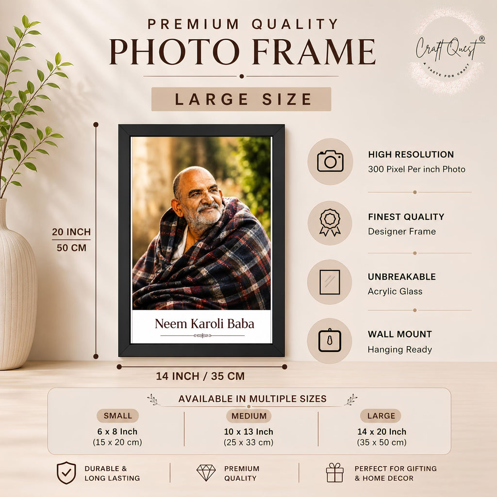 CRAFT QUEST Neem Karoli Baba Maharaj Ji Smiling Portrait Photo Frame for Wall | Spiritual Guru Religious Wall Art | Devotional Photo for Home, Mandir, Puja Room & Gifting