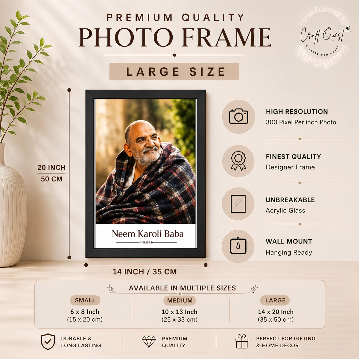 CRAFT QUEST Neem Karoli Baba Maharaj Ji Smiling Portrait Photo Frame for Wall | Spiritual Guru Religious Wall Art | Devotional Photo for Home, Mandir, Puja Room & Gifting