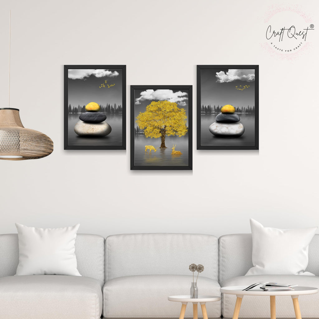 CRAFT QUEST Modern Art Geometric Landscapes Wall Art | Set of 3 Frames for Home Decoration | Ideal for Living Room, Bedroom & Offices