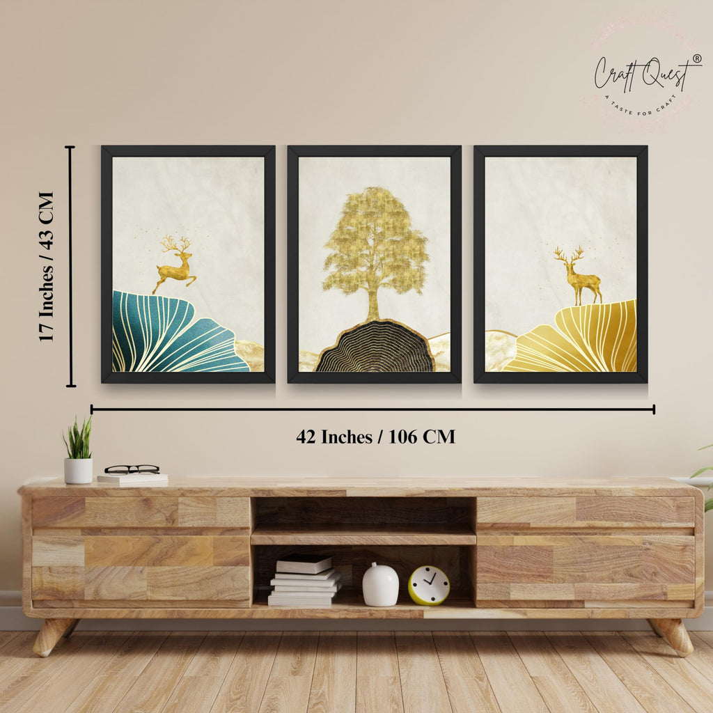 CRAFT QUEST Modern Art Landscape Of Golden Tree & Deer Wall Art | Set of 3 Frames for Home Decoration | Ideal for Living Room, Bedroom & Offices