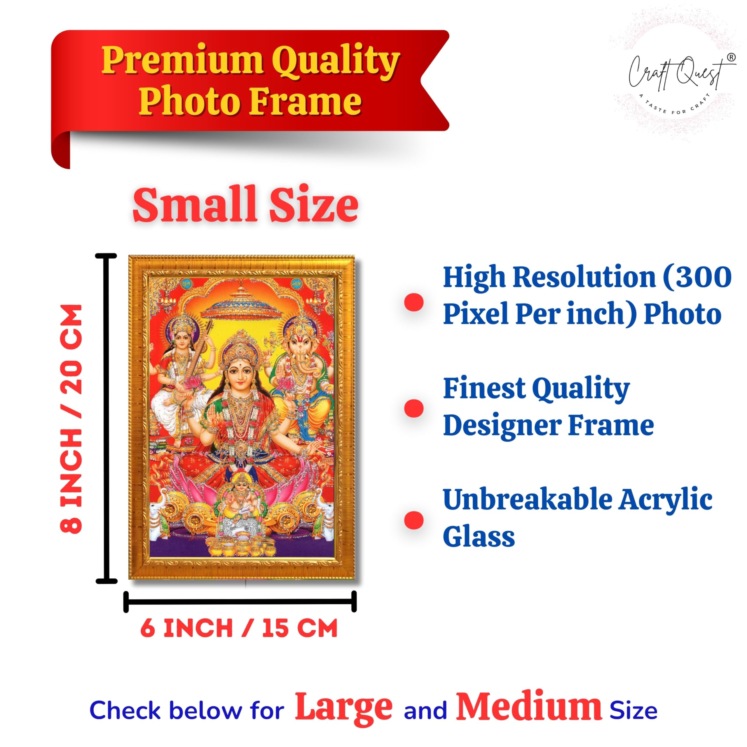CRAFT QUEST Goddess Laxmi Ganesh Saraswati Religious God Hindu Photo Frame for Diwali,Temple, Pooja, Living Room Home and Decor Item