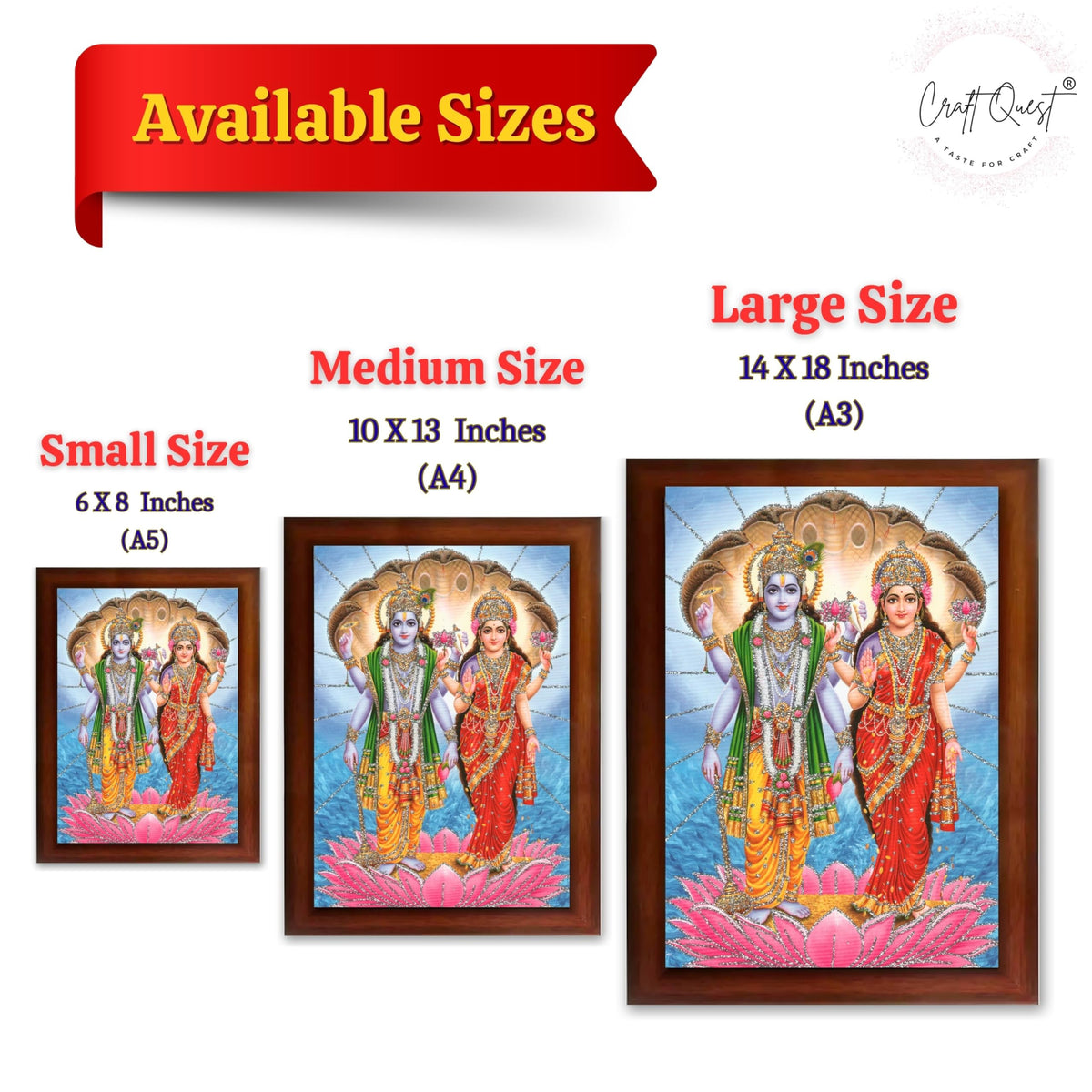 CRAFT QUEST Lord Vishnu Dev Lakshmi Devi Laxmi Narayan Ji Wall Painting Framed Home Decor, Religious Photo Frame