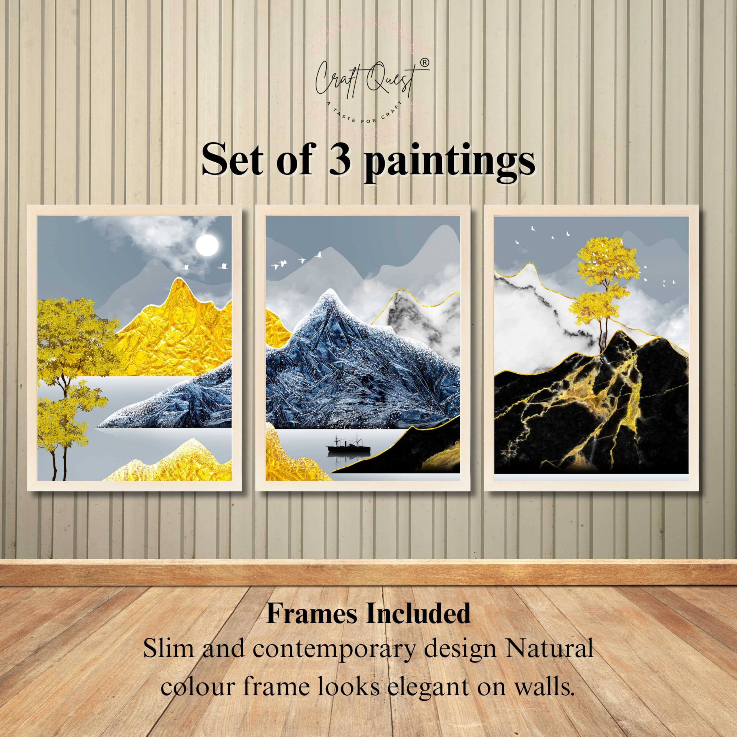CRAFT QUEST Modern Art Abstract Ink Landscape Wall Art | Set of 3 Frames for Home Decoration | Ideal for Living Room, Bedroom & Offices
